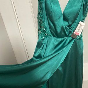 Emerald Green Satin Prom Dress with Slit